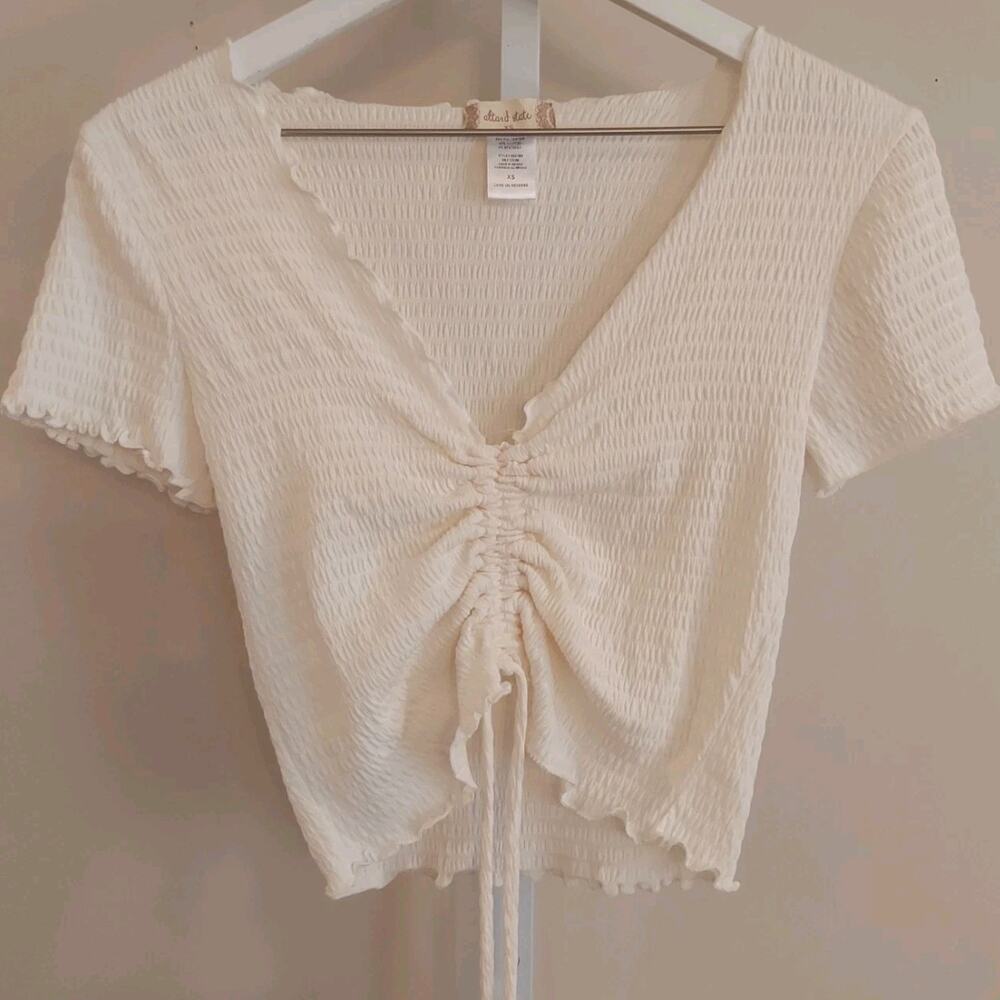 Altar'd State Cream Ruched Front Top Tie Short Sleeve Lettuce Hem Coquette Boho
